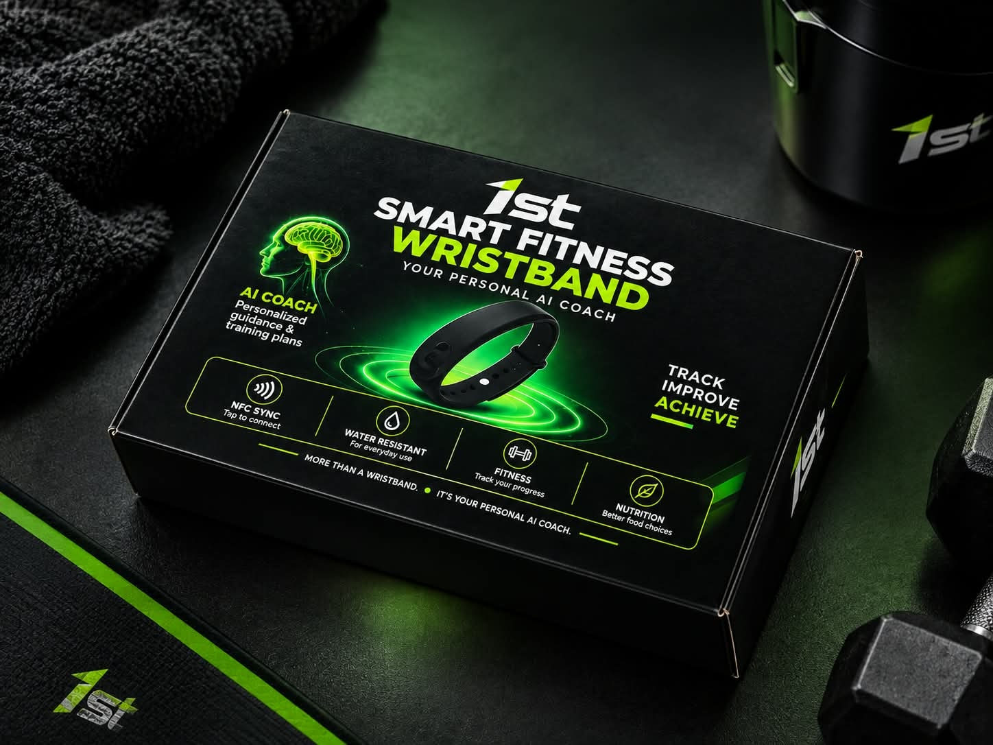 The 1st Smart Fitness Wristband box on a gym mat next to a dumbbell