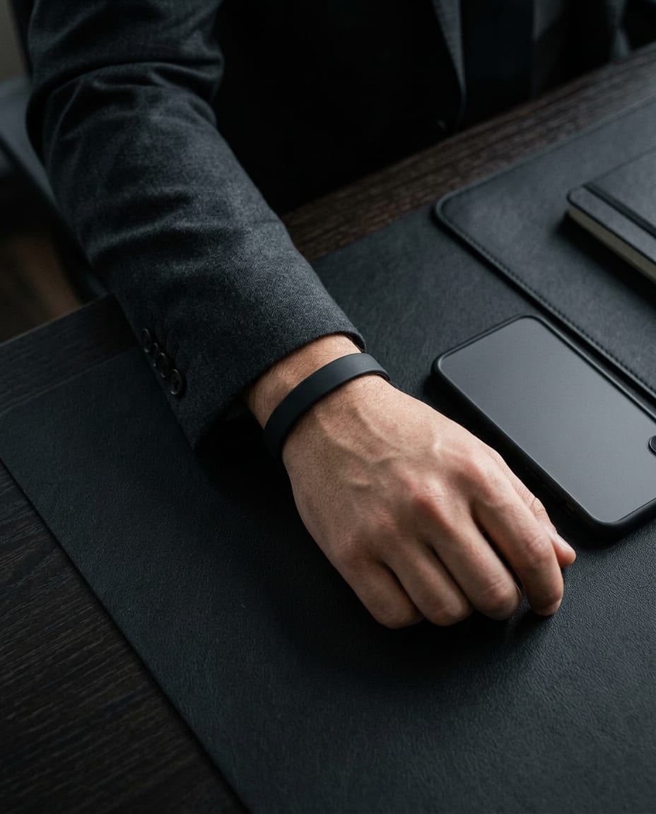 A wrist in a tailored sleeve wearing a black 1st band beside a phone on a desk