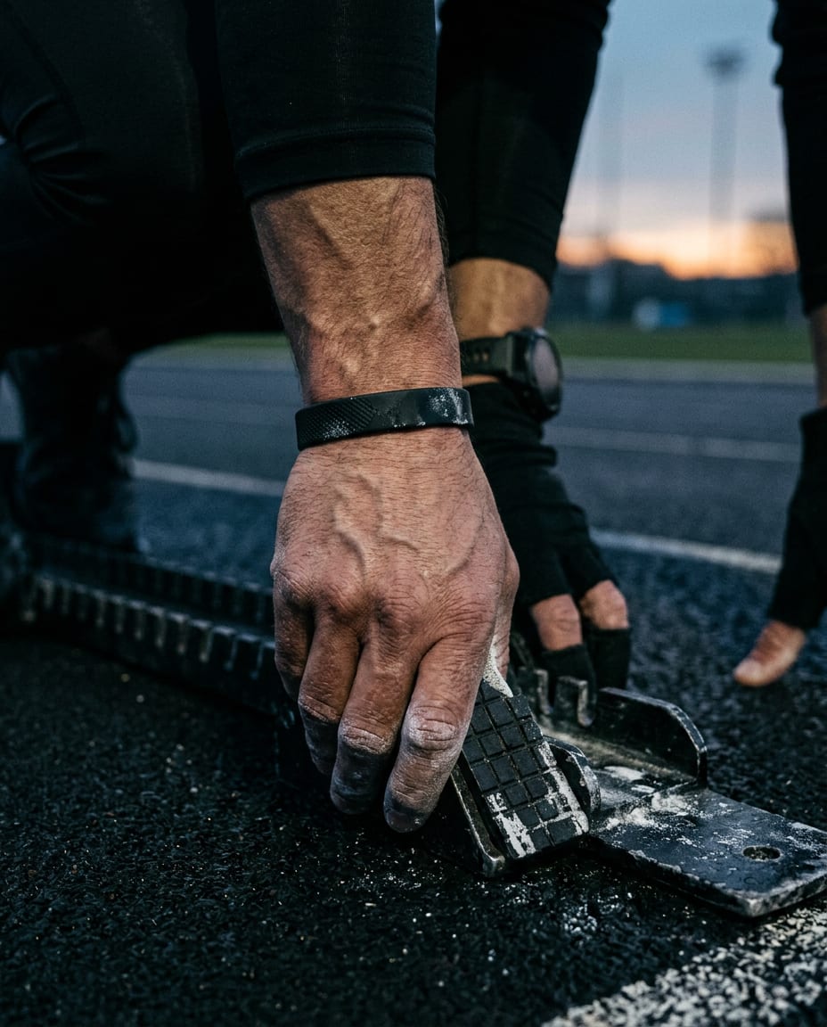 An athlete’s wrist wearing a black 1st band on a starting block